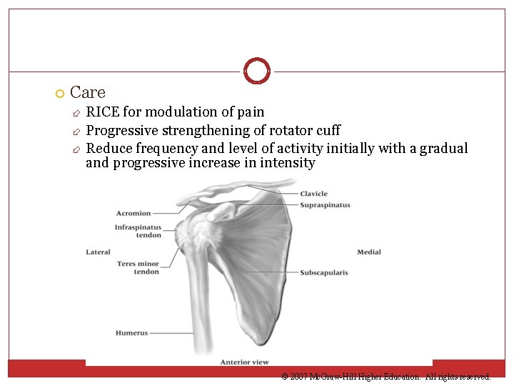  Care RICE for modulation of pain Progressive strengthening of rotator cuff Reduce frequency