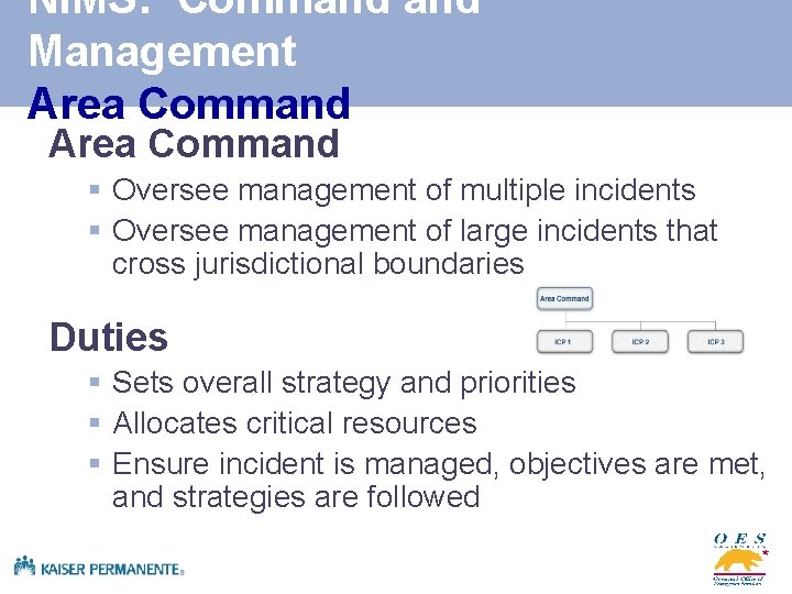 NIMS: Command Management Area Command § Oversee management of multiple incidents § Oversee management