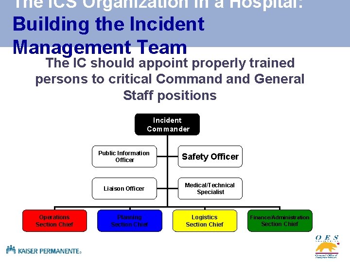 The ICS Organization in a Hospital: Building the Incident Management Team The IC should