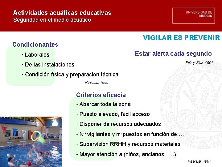 Actividades acuáticas educativas Seguridad en el medio acuático VIGILAR ES PREVENIR Condicionantes Estar alerta