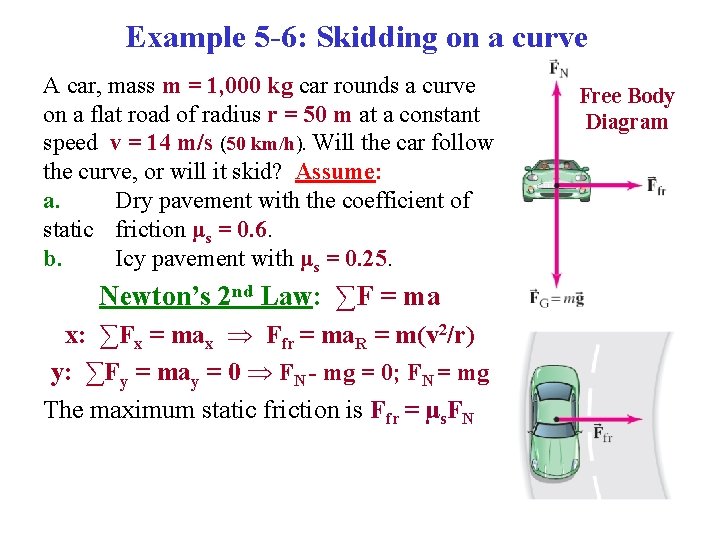 Example 5 -6: Skidding on a curve A car, mass m = 1, 000