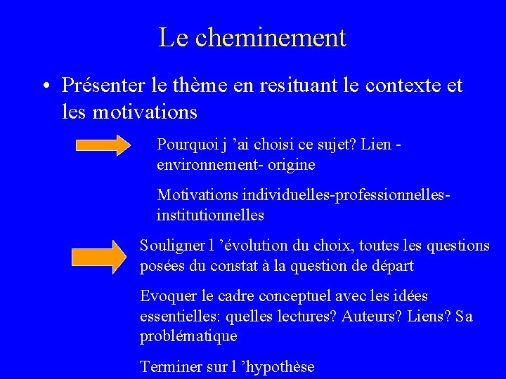 Le cheminement • Présenter le thème en resituant le contexte et les motivations Pourquoi