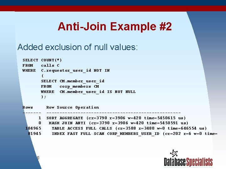 Anti-Join Example #2 Added exclusion of null values: SELECT COUNT(*) FROM calls C WHERE