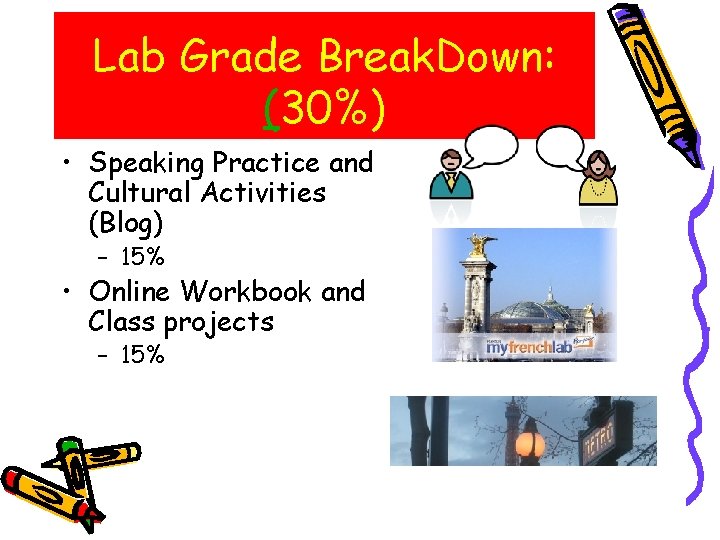Lab Grade Break. Down: (30%) • Speaking Practice and Cultural Activities (Blog) – 15%