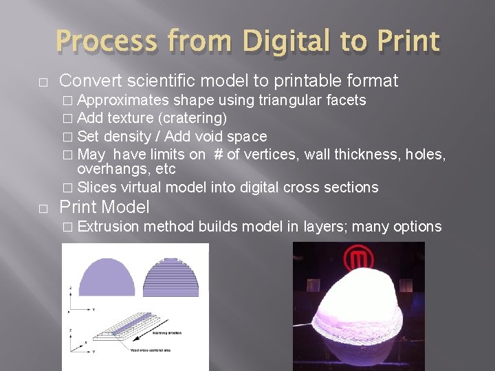 Process from Digital to Print � Convert scientific model to printable format � Approximates
