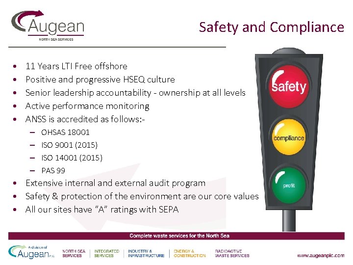 Safety and Compliance • • • 11 Years LTI Free offshore Positive and progressive