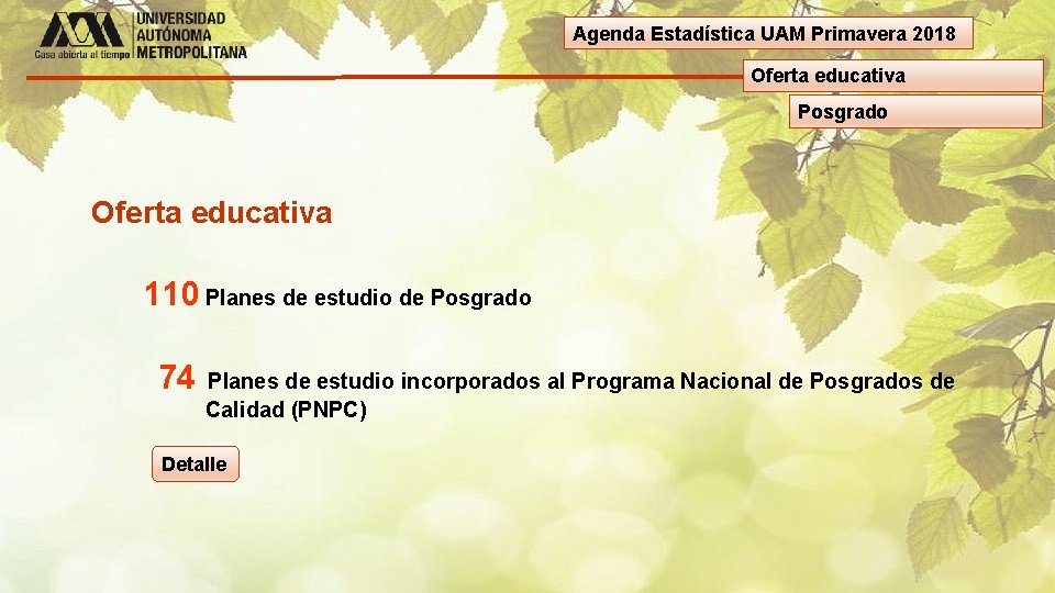 Agenda Estadística UAM Primavera 2018 Oferta educativa Posgrado Oferta educativa 110 Planes de estudio