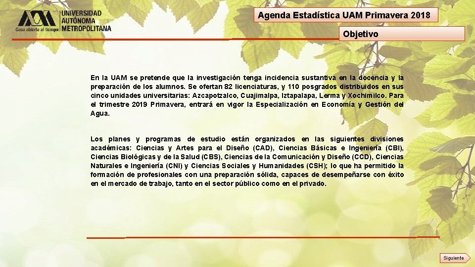 Agenda Estadística UAM Primavera 2018 Objetivo En la UAM se pretende que la investigación