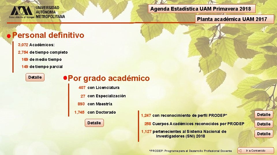 Agenda Estadística UAM Primavera 2018 Planta académica UAM 2017 Personal definitivo 3, 072 Académicos: