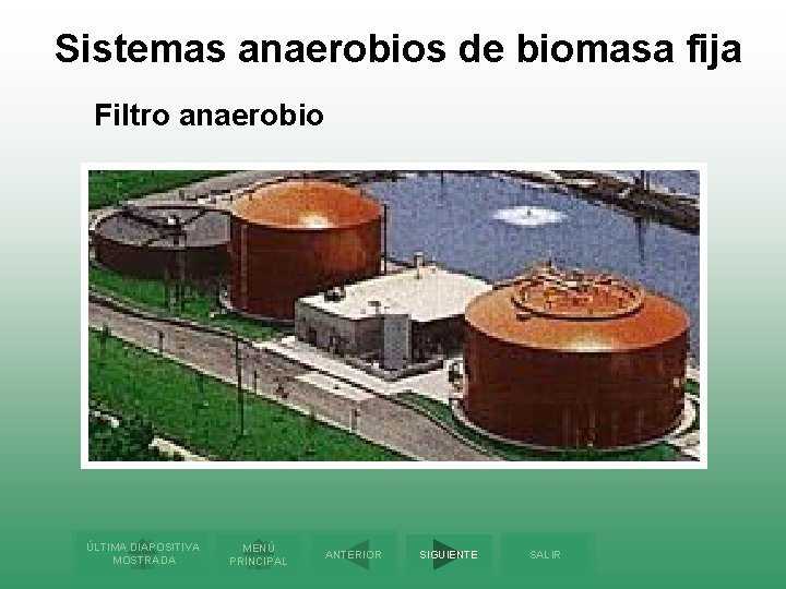 Sistemas anaerobios de biomasa fija Filtro anaerobio ÚLTIMA DIAPOSITIVA MOSTRADA MENÚ PRINCIPAL ANTERIOR SIGUIENTE
