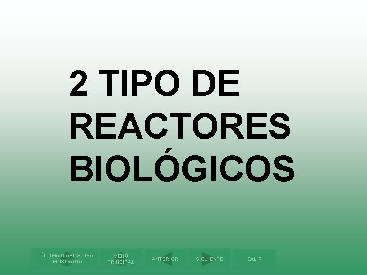 2 TIPO DE REACTORES BIOLÓGICOS ÚLTIMA DIAPOSITIVA MOSTRADA MENÚ PRINCIPAL ANTERIOR SIGUIENTE SALIR 
