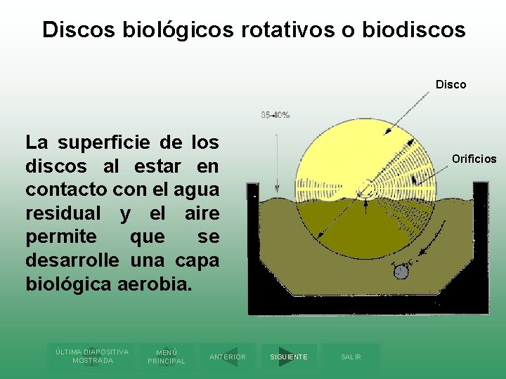 Discos biológicos rotativos o biodiscos Disco La superficie de los discos al estar en