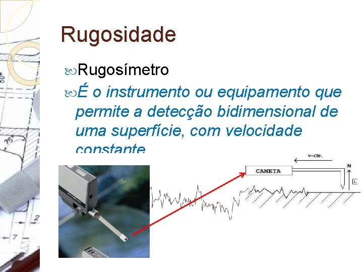 Rugosidade Rugosímetro É o instrumento ou equipamento que permite a detecção bidimensional de uma
