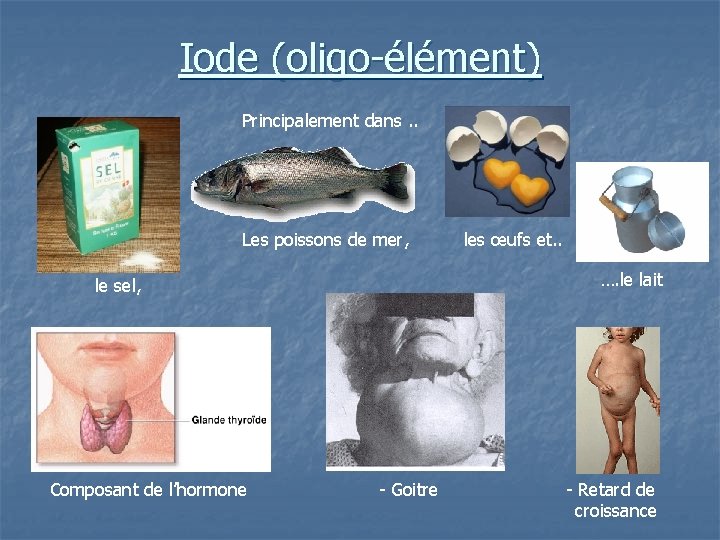 Iode (oligo-élément) Principalement dans. . Les poissons de mer, …. le lait le sel,