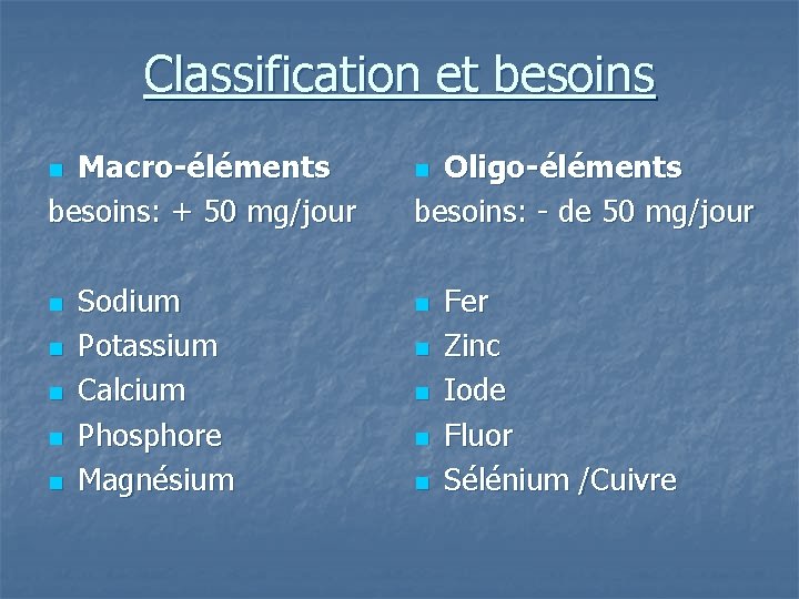 Classification et besoins Macro-éléments besoins: + 50 mg/jour n n n Sodium Potassium Calcium