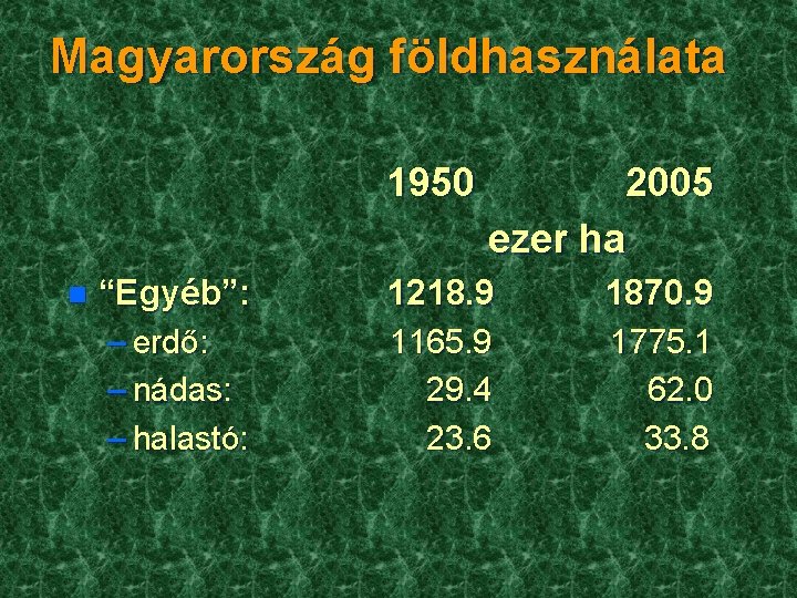 Magyarország földhasználata 1950 n “Egyéb”: – erdő: – nádas: – halastó: 2005 ezer ha