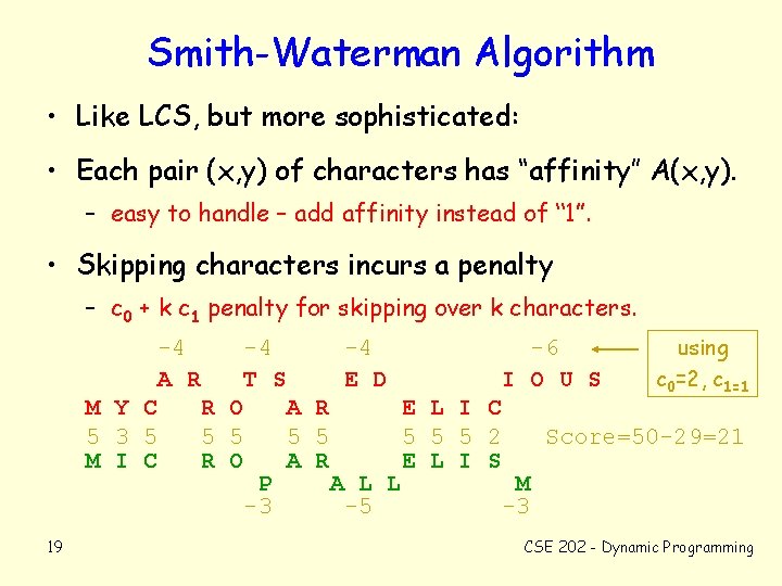 Smith-Waterman Algorithm • Like LCS, but more sophisticated: • Each pair (x, y) of