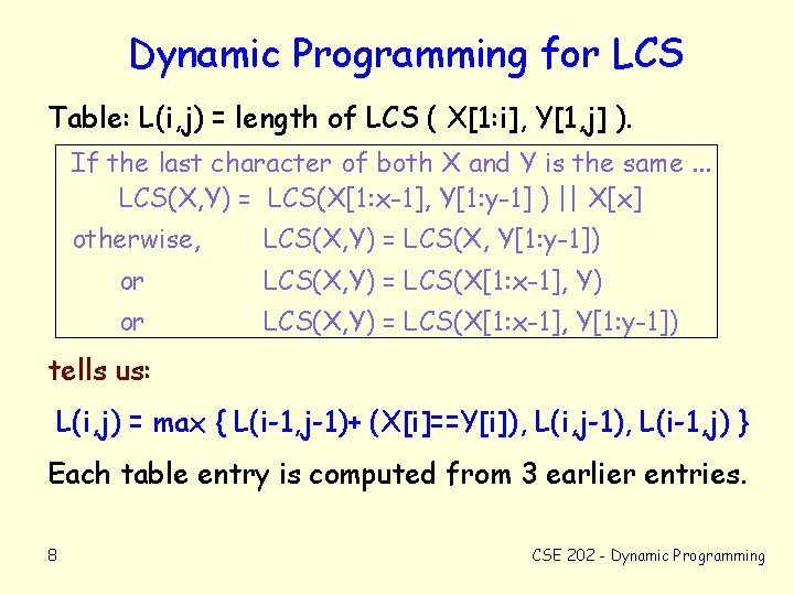 Dynamic Programming for LCS Table: L(i, j) = length of LCS ( X[1: i],