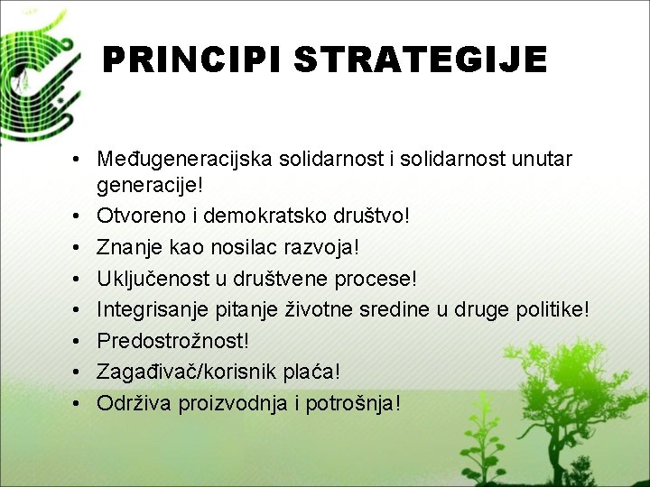 PRINCIPI STRATEGIJE • Međugeneracijska solidarnost i solidarnost unutar generacije! • Otvoreno i demokratsko društvo!