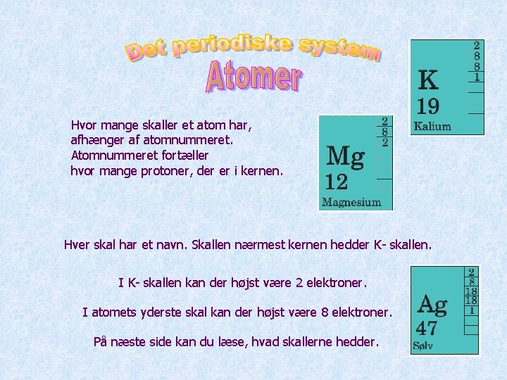 Hvor mange skaller et atom har, afhænger af atomnummeret. Atomnummeret fortæller hvor mange protoner,