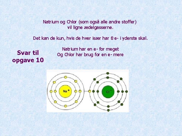 Natrium og Chlor (som også alle andre stoffer) vil ligne ædelgasserne. Det kan de