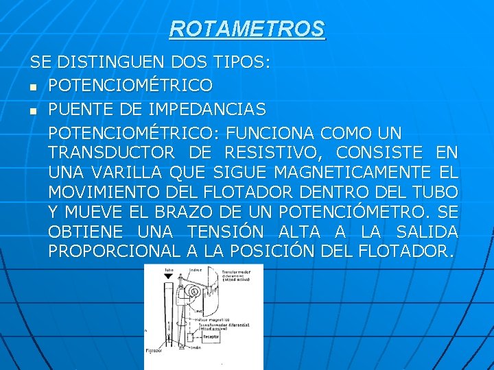 ROTAMETROS SE DISTINGUEN DOS TIPOS: n POTENCIOMÉTRICO n PUENTE DE IMPEDANCIAS POTENCIOMÉTRICO: FUNCIONA COMO