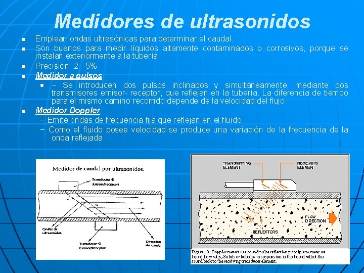 Medidores de ultrasonidos n n n Emplean ondas ultrasónicas para determinar el caudal. Son