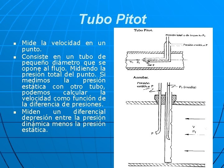 Tubo Pitot n n n Mide la velocidad en un punto. Consiste en un