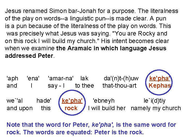 Jesus renamed Simon bar-Jonah for a purpose. The literalness of the play on words--a