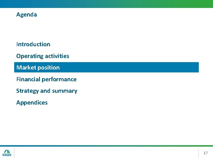 Agenda Introduction Operating activities Market position Financial performance Strategy and summary Appendices 17 