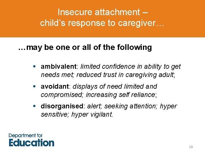 Insecure attachment – child’s response to caregiver… …may be one or all of the Insecure attachment – child’s response to caregiver… …may be one or all of the
