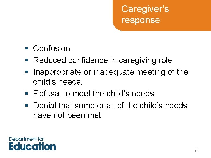 Caregiver’s response § Confusion. § Reduced confidence in caregiving role. § Inappropriate or inadequate Caregiver’s response § Confusion. § Reduced confidence in caregiving role. § Inappropriate or inadequate