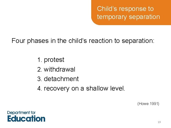 Child’s response to temporary separation Four phases in the child’s reaction to separation: 1. Child’s response to temporary separation Four phases in the child’s reaction to separation: 1.