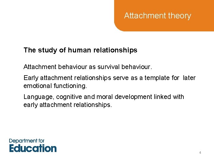 Attachment theory The study of human relationships Attachment behaviour as survival behaviour. Early Attachment theory The study of human relationships Attachment behaviour as survival behaviour. Early