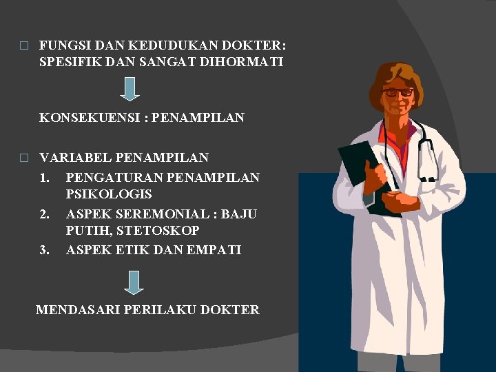 � FUNGSI DAN KEDUDUKAN DOKTER: SPESIFIK DAN SANGAT DIHORMATI KONSEKUENSI : PENAMPILAN � VARIABEL