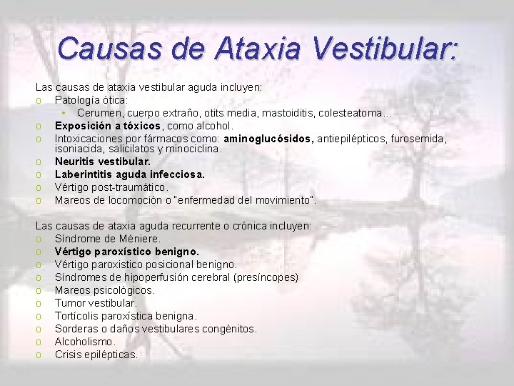 Causas de Ataxia Vestibular: Las causas de ataxia vestibular aguda incluyen: o Patología ótica: