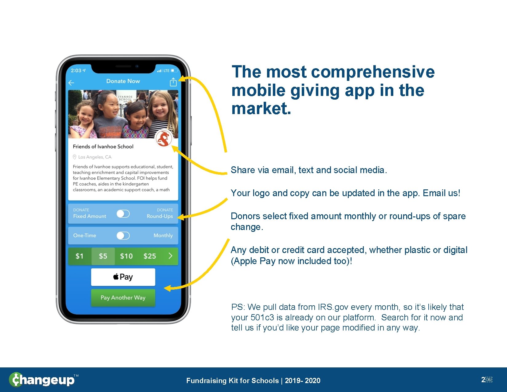 The most comprehensive mobile giving app in the market. Share via email, text and