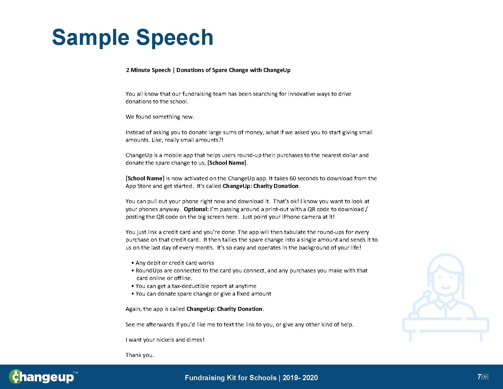 Sample Speech 2 Minute Speech | Donations of Spare Change with Change. Up You