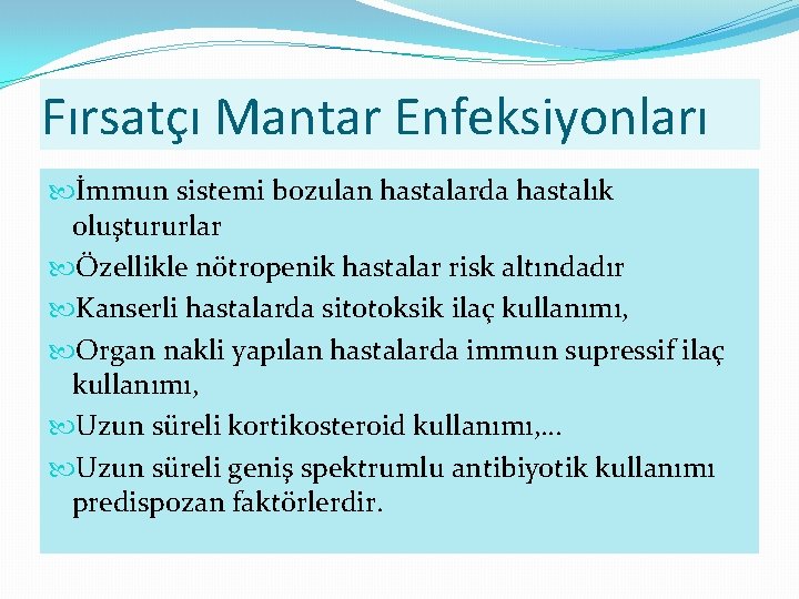 Fırsatçı Mantar Enfeksiyonları İmmun sistemi bozulan hastalarda hastalık oluştururlar Özellikle nötropenik hastalar risk altındadır