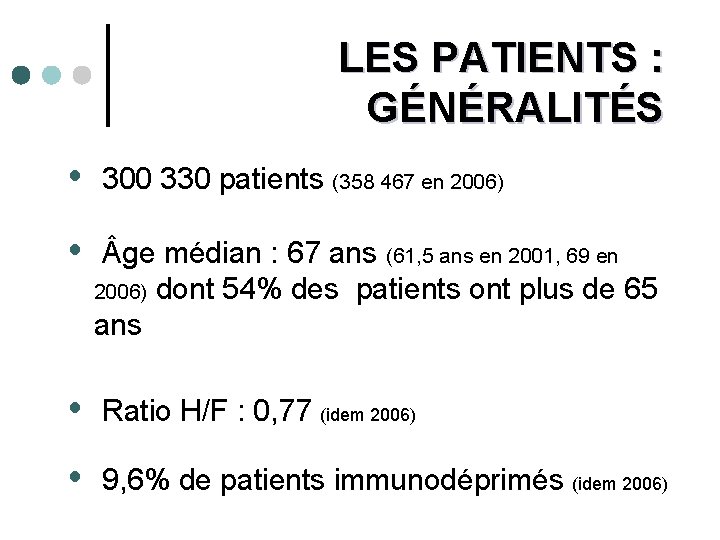 LES PATIENTS : GÉNÉRALITÉS 300 330 patients (358 467 en 2006) ge médian :