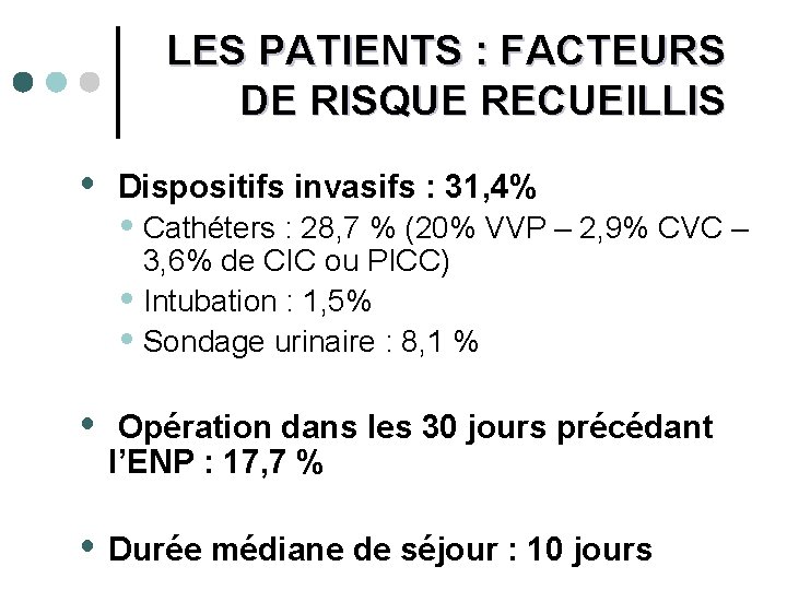 LES PATIENTS : FACTEURS DE RISQUE RECUEILLIS Dispositifs invasifs : 31, 4% Cathéters :
