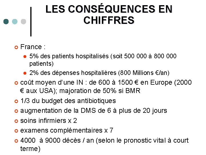 LES CONSÉQUENCES EN CHIFFRES ¢ France : l l 5% des patients hospitalisés (soit