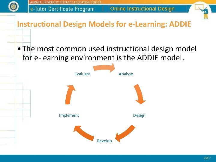 Online Instructional Design Models for e-Learning: ADDIE • The most common used instructional design