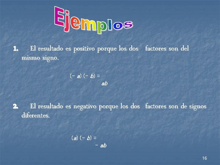 1. El resultado es positivo porque los dos factores son del mismo signo. (–