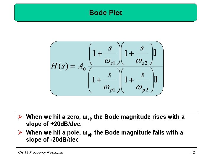 Bode Plot Ø When we hit a zero, ωzj, the Bode magnitude rises with