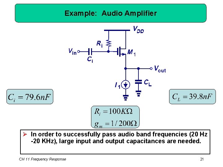 Example: Audio Amplifier Ø In order to successfully pass audio band frequencies (20 Hz