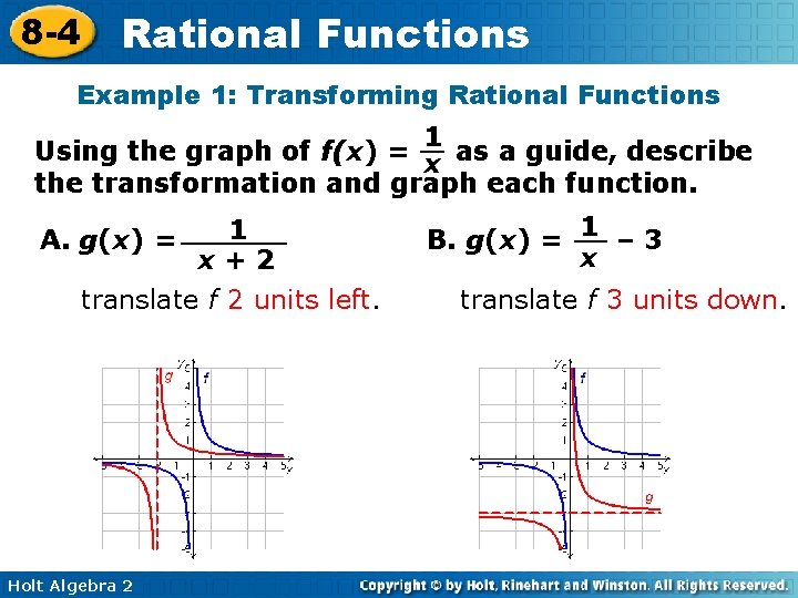 8 -4 Rational Functions Example 1: Transforming Rational Functions 1 Using the graph of