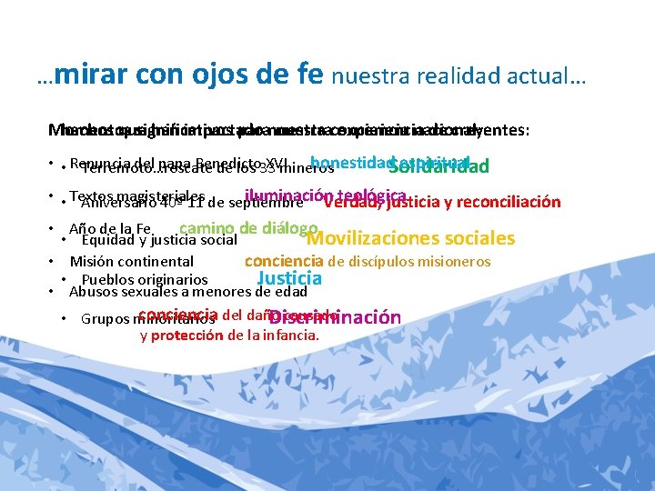 …mirar con ojos de fe nuestra realidad actual… Momentos hechos que significativos han impactado …mirar con ojos de fe nuestra realidad actual… Momentos hechos que significativos han impactado