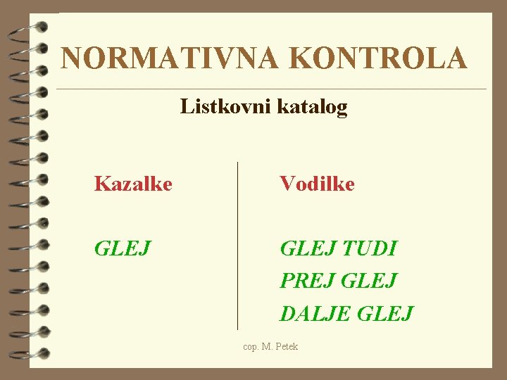 NORMATIVNA KONTROLA Listkovni katalog Kazalke Vodilke GLEJ TUDI PREJ GLEJ DALJE GLEJ cop. M.