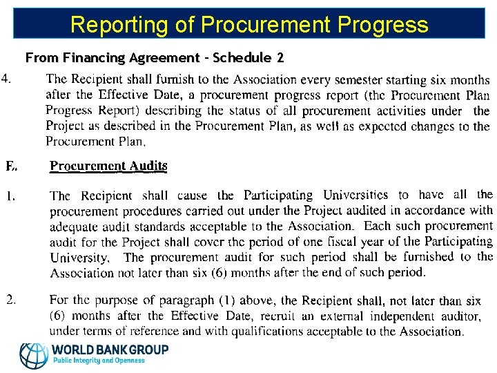 Reporting of Procurement Progress From Financing Agreement – Schedule 2 28 